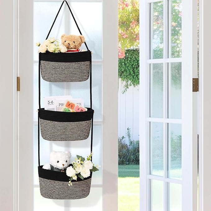 Hanging Basket, 3-Tier Wall Baskets, Over the Door Organizer with 4 Hooks, Hanging Baskets for Organizing, Woven Storage Basket Behind the Door for Nursery, Bedroom, Living Room, Kitchen