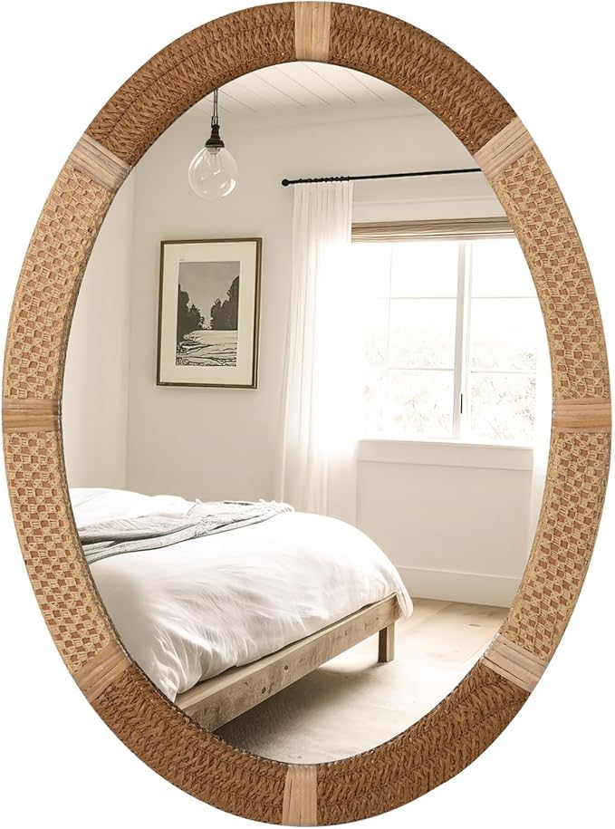 ULIKE Boho Oval Rattan Mirror, 22x30 Inch Rustic Farmhouse Wall Decor with Wicker Frame, Rattan Mirror for Nursery Bathroom Bedroom Living Room Entryway