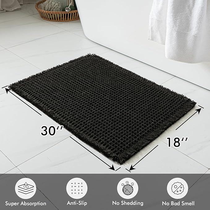 MIULEE Set of 2 Waffle Bathroom Rugs, Boho Bath Rugs Non Slip Washable, Super Absorbent Bath Mats, Ultra Soft Rubber Backed Shower Mats for Bathroom Floor, Tub and Shower, Black, 18x30 Inch