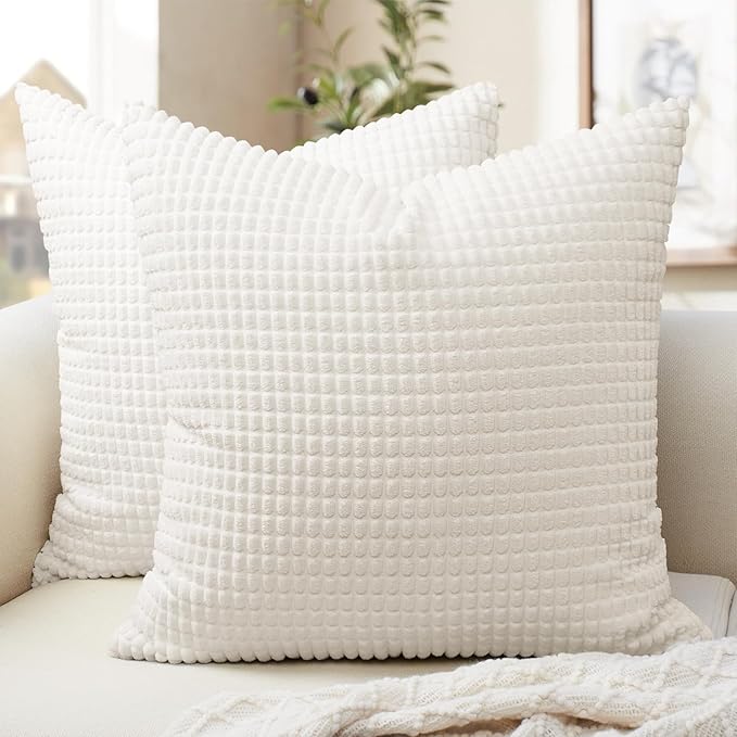 Softalker Throw Pillow Covers 20x20 Inch, Set of 2, Soft Corduroy Boho Stripe Decorative Pillow Cover, Couch Fluffy Pillow Cover for Farmhouse Home Decor Bed Living Room, Cream