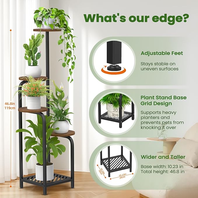 TOSKING 5 Tier Metal Anti-Tip Plant Stand indoor, Wide Base for Pots, Child and Pet Friendly ,Heavy Duty Plant Shelf ,Corner Shelf, Flower Pot Stand for Multiple Plants, Indoor Plants Tiered Stand for Living Room Balcony Garden Patio Bedroom(Black and ...