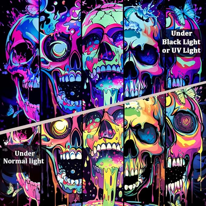 Heopapin Blacklight Skull Art Tapestry UV Reactive Neon Skeleton Butterfly Tapestries Trippy Blacklight Horror Face Tapestry Halloween Aesthetic Wall Decor Tapestries for Home W59×H51
