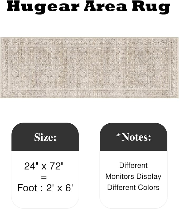 HUGEAR 2x6 Runner Rug Vintage Beige Machine Washable Retro Floral Hallway Low Pile Carpet Vacuumable Distressed Long Throw Rug Bedroom Office Bathroom Kitchen Laundry Non Slip Soft Lightweight