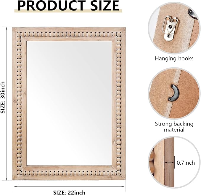 H HOMEWINS Rustic Rectangle Mirror,22x30 Wooden Farmhouse Mirrors,Boho Bathroom Wall-Mounted Nature Beads Decor Mirror for Bedroom, Living Room,Vanity,Entryway,Over Sink