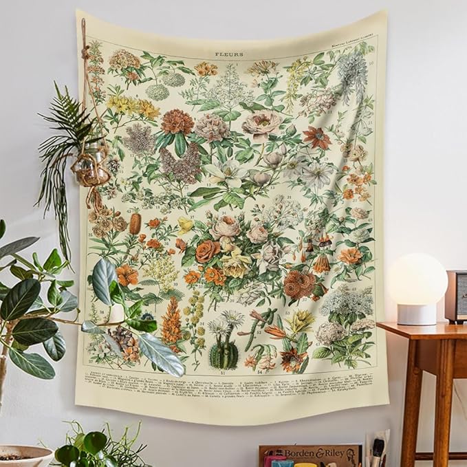 Vintage Flowers Tapestry 48”x36”, Long Vertical Wall Hanging Reference Illustrative Botanical Tapestries for Bedroom Aesthetic Floral Tapistry Botanical Plants Tapestry Wall Hanging Cute Bedroom Decor