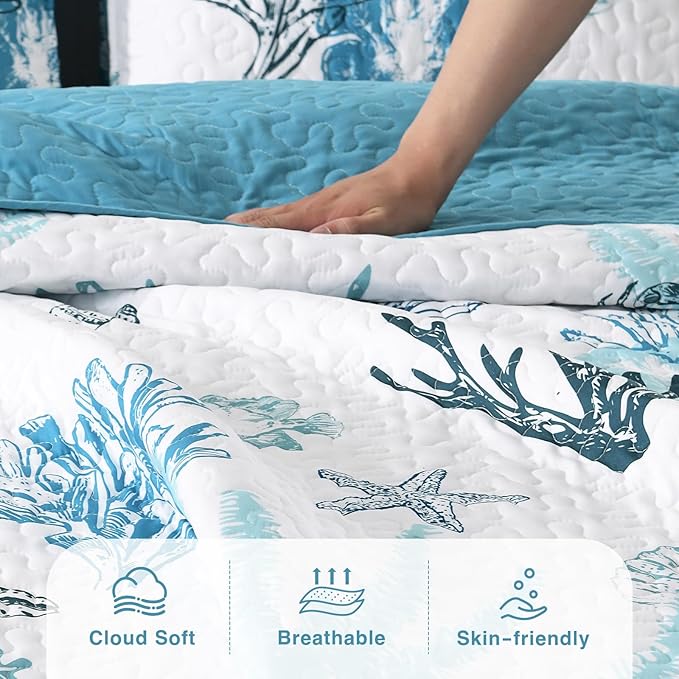 HORIMOTE HOME Coastal Quilt Bedding Set King Size, Reversible Blue Summer Beach Quilt Lightweight Ocean Nautical Comforter Tropical Bedspread Coverlet with 2 Pillow Shams for All Seasons (106"x96")