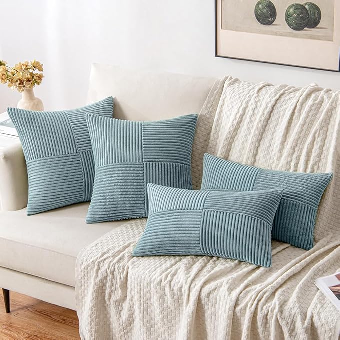 MIULEE Sky Blue Decorative Euro Sham Pillow Covers 24x24 Inch for Bed Couch Sofa Pack of 2 Boho Farmhouse Throw Pillows Soft Cross Corduroy Patchwork Textured Cushion Cases