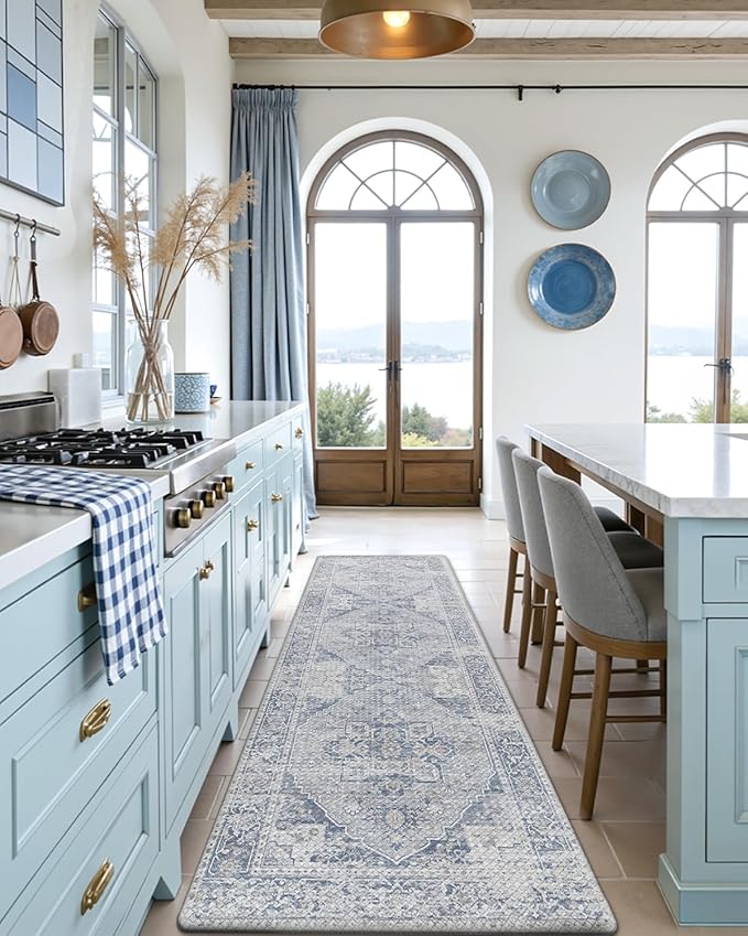 DEXI Kitchen Floor Mats Anti Fatigue, 23x59 Large Cushioned Vintage Runner Rug Waterproof, Standing Comfort Memory Foam Padded for Front Sink Laundry Office, Light Grey and Blue