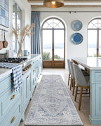 DEXI Kitchen Floor Mats Anti Fatigue, 23x86 Large Long Cushioned Vintage Runner Rug Waterproof, Standing Comfort Memory Foam Padded for Front Sink Laundry Office, Light Grey and Blue