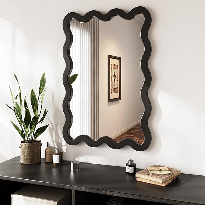 24"x36" Matte Black Wavy Wall Mirror for Bathroom Vanity, Large Solid Wood Asymmetrical Mirror, Irregular Squiggle Mirror for Bedroom, Modern Funky Aesthetic Decor