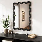 24"x36" Matte Black Wavy Wall Mirror for Bathroom Vanity, Large Solid Wood Asymmetrical Mirror, Irregular Squiggle Mirror for Bedroom, Modern Funky Aesthetic Decor