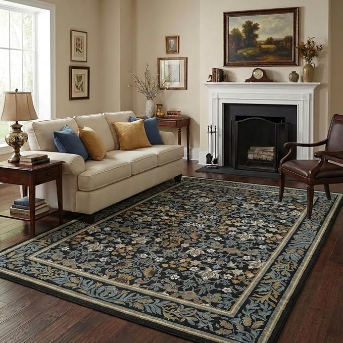 GarveeHome 8x10 Area Rugs Washable Rug for Living Room, Boho Vintage Large Area Rug for Bedroom Soft Non Slip Low Pile Indoor Stain Resistance Throw Carpet for Dining Room Office, Blue Black