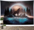 LB Black Wolf Tapestry Forest Mountain and Blue Ocean Wall Tapestry Moon in Starry Sky Tapestries for Bedroom Living Room College Dorm Wall Decor,78Wx60H inches