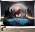 LB Black Wolf Tapestry Forest Mountain and Blue Ocean Wall Tapestry Moon in Starry Sky Tapestries for Bedroom Living Room College Dorm Wall Decor,78Wx60H inches