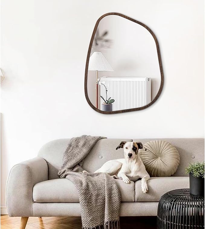 Irregular Wall Mirror Asymmetrical Large Bathroom Mirror Wood Framed Modern Artistic Decorative Vanity Mirrors for Bedroom Living Room Entryway Hallway 26"x18"
