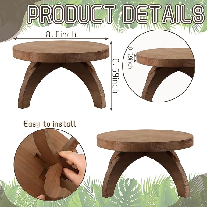 Novabright 2 Pcs Short Plant Pedestal Wood Plant Stool Round Low Wood Riser Pedestal Display Decor Flower Indoor Outdoor Rustic Farmhouse Table Balcony Decor Board Flower Holder Rise (Rustic Color)