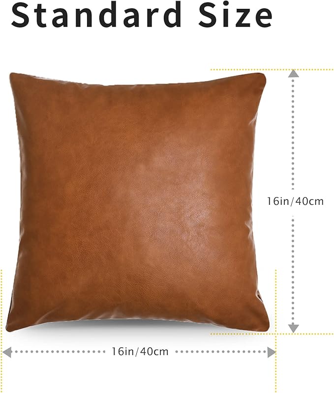 Tosewever Faux Leather Throw Pillow Covers, 16 x 16 inch Set of 2 Luxury Cognac Brown Modern Pillowcases Solid Decorative Square Cushion Cases for Bedroom Living Room Couch Bed Sofa (Brown, 16" x 16")