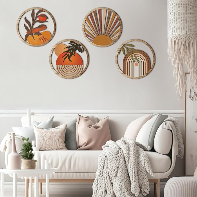 Qunclay 4 Pcs Boho Wall Art Bohemian Wooden Round Circle Wall Decor Hollow out Hanging Farmhouse Aesthetic for Bedroom Living Room Bathroom Bedroom Bathroom Patio Apartment Gift 10 Inch(Stylish)