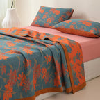 100% Cotton Muslin Blanket Jacquard Floral Flowers Bloosom Print Quilt, Soft Bed Cover 3 Layers Reversible Bedspread Coverlet Breathable Lightweight Bedding Twin(59"x94"), No Pillow Sham