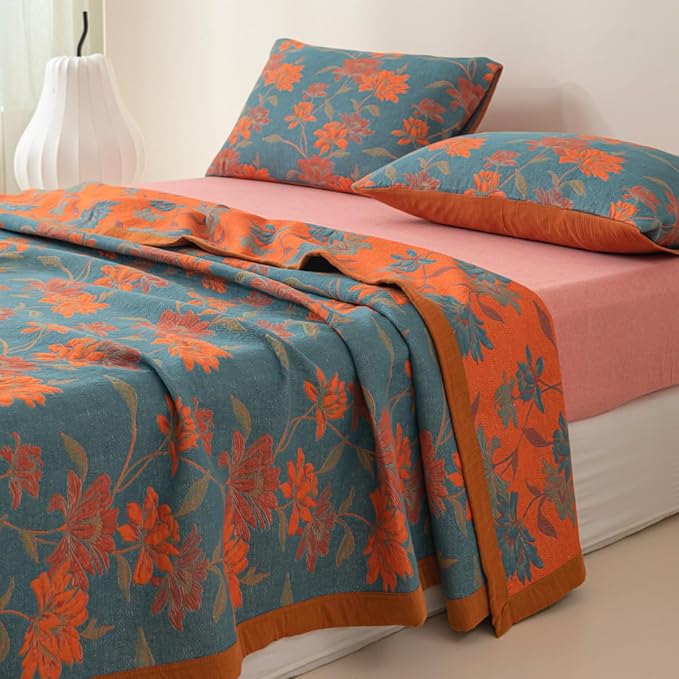 100% Cotton Muslin Blanket Jacquard Floral Flowers Bloosom Print Quilt, Soft Bed Cover 3 Layers Reversible Bedspread Coverlet Breathable Lightweight Bedding King(98"x94"), No Pillow Sham