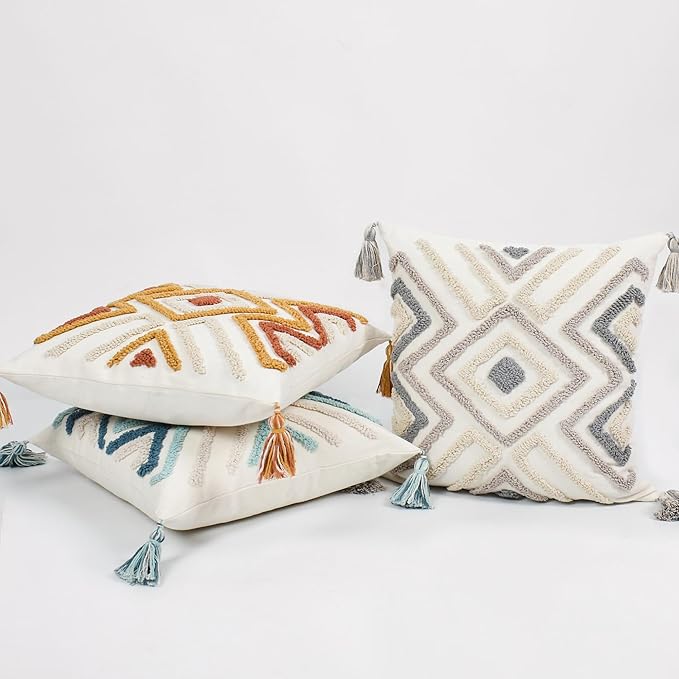 Boho Pillow Covers 18X18 Inch Boho Tufted Throw Pillow Covers Decorative Tassels Cushion Cover Farmhouse Pillow Case for Couch Sofa Bed Living Room Bedroom, Grey Netural