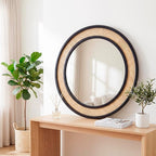 Round Rattan Mirror, 30" Circle Wall Mirror, Farmhouse Wooden Vanity Mirror with Handmade Wicker Frame, Decorative Boho Mirror for Nursery Bedroom Living Room Entryway Black