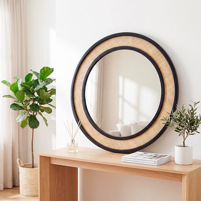 Round Rattan Mirror, 30" Circle Wall Mirror, Farmhouse Wooden Vanity Mirror with Handmade Wicker Frame, Decorative Boho Mirror for Nursery Bedroom Living Room Entryway Black