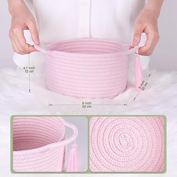 Small Cute Pink Gift Basket Empty to Fill — Mini Wicker Woven Cotton Rope Organizer 8"×4.7", Pastel Decorative Makeup Holder for Girls & Women, Bathroom, valentines/Desk Bin, Shower Gift by SweetMemo