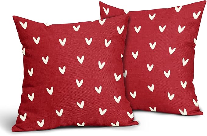 Kawani Valentines Day Pillow Covers 16X16 Inch Red White Hearts Valentine Decorative Square Pillow Cases Set of 2 Valentine's Day Wedding Anniversary Throw Pillows Home Decor for Sofa Bedroom Couch