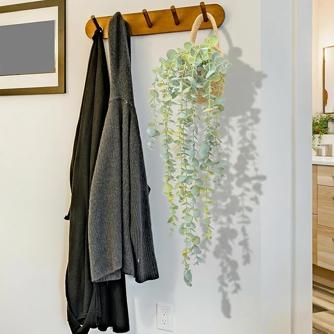 Fake Hanging Plant Decor Indoor, Eucalyptus Artificial Faux Plants in Wall Woven Planters, Jute Hanger with Black Pot Soft Green 2PCS 23Inch Long