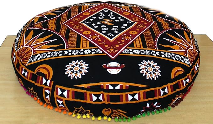 35 X 35 Inch Large Mandala Floor Pillow Cushion Seating Throw Cover Hippie Decorative Bohemian Ottoman Poufs, Multi Pom Pom Pillow Cases,Boho (Yellow Burning Sun, 35X35X6 Round)