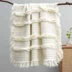 Ultra Soft Pre-Washed Quilted Boho Cream Twin Size Blankets for Bed, Ruffle Fringed Decorative Throw, Stone Washed Chic Rustic Blanket for Sofa Couch Bed, 60"*80"