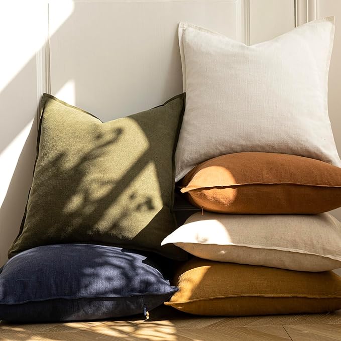 Foindtower Pack of 2, Decorative Linen Soild Throw Pillow Covers Soft Accent Cushion Case Boho Farmhouse Neutral Pillowcase for Chair Couch Sofa Bedroom Living Room Home Decor 18 x 18 Inch Cream White