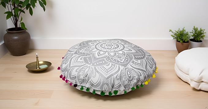CRAFT KALA 22" Bohemian Floor Pillow Pouf Cover Mandala Boho Large Round Meditation Room Pillow Covers for Adults Seating Poufs Cushion Cover for Kids Playroom Silver Flower
