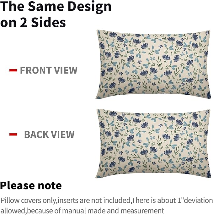 Green Teal Navy Blue Floral Pillow Covers 12x20 Set of 2 Vintage Rustic Old Style Cute Small Flower Print Rectangle Decorative Outdoor Pillowcases Throw Cushion Case Decor for Couch Sofa Bed