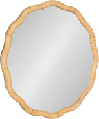 Kate and Laurel Rahfy Boho Scalloped Round Rattan Mirror; 26 Inch Diameter; Natural Wood; Decorative Round Wavy Mirror with Authentic Rattan Frame for Boho Wall Decor