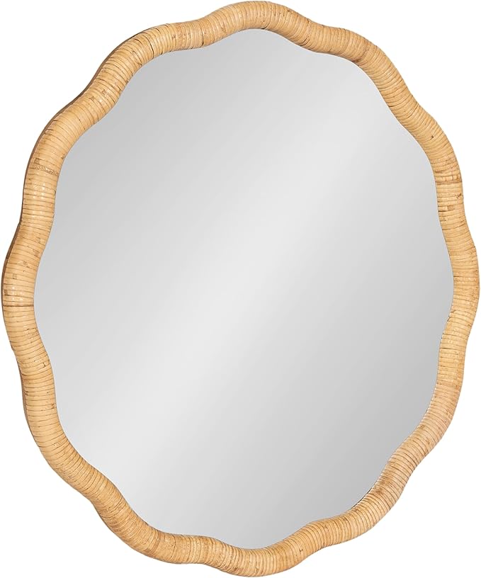 Kate and Laurel Rahfy Boho Scalloped Round Rattan Mirror; 26 Inch Diameter; Natural Wood; Decorative Round Wavy Mirror with Authentic Rattan Frame for Boho Wall Decor