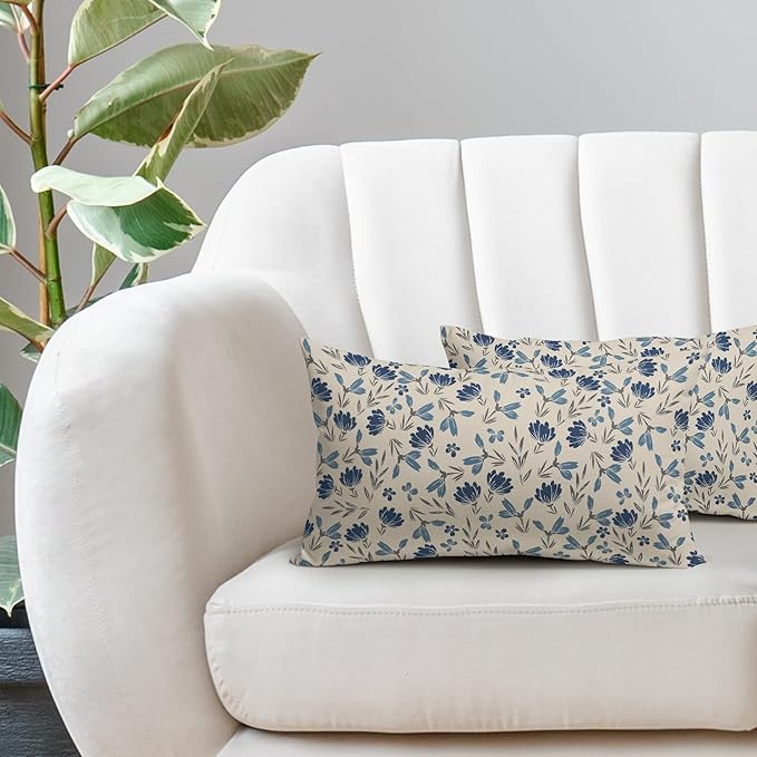 Blue Grey Gray Floral Pillow Covers 12x20 Set of 2 Vintage Rustic Old Style Cute Small Flower Print Rectangle Decorative Outdoor Pillowcases Farmhouse Throw Cushion Case Decor for Couch Sofa Bed
