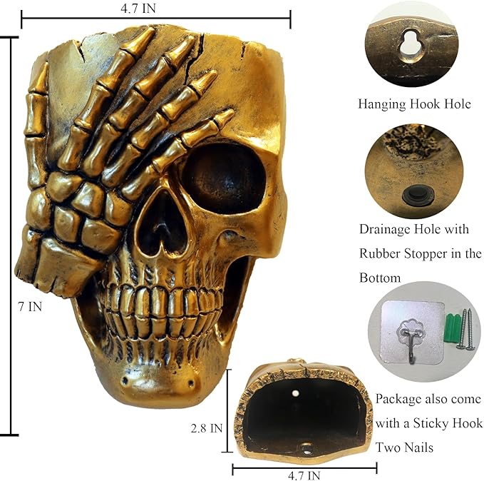 Skull Fence Planter for Outdoor Plants, Spooky Skull Wall Planters for Indoor Outdoor Décor, Funny Gothic Hanging Skeleton Head Plant Pot Gold Face Vase with Drainage