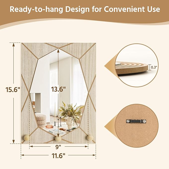 Mirror Wall Decor for Living Room Bedroom, Cottage Octagon Decorative Mirror Art for Modern Rustic Boho House, Geometric Hanging Wall Art Accent Above TV Desk Bed Table Decor, 15.6x11.6