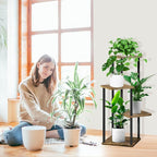 4 Tier Plant Stand Indoor, Thickened Metal Wood Corner Plant Shelf Stands for Multiple Plants, Indoor Tall Plants Stand Tiered Flower Holder for Living Room Patio Garden Balcony(Black+Brown)