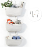 DULLEMELO Hanging Wall Baskets for Decor, 3-Tier Hanging Basket Organizer for Kitchen, White Woven Storage Basket with Door Hooks for Toy Storage