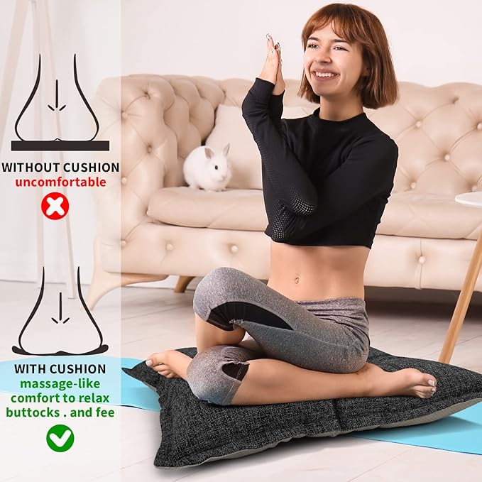 SINSOSSO Large Floor Pillows 22", Thickened Bite-Size Memory Foam Square Non-Slip Cushions for Office Back Support/Yoga/Chair Seat, Fashionable Color-Blocked Fabric & Washable, White-Gray, 2 PCS