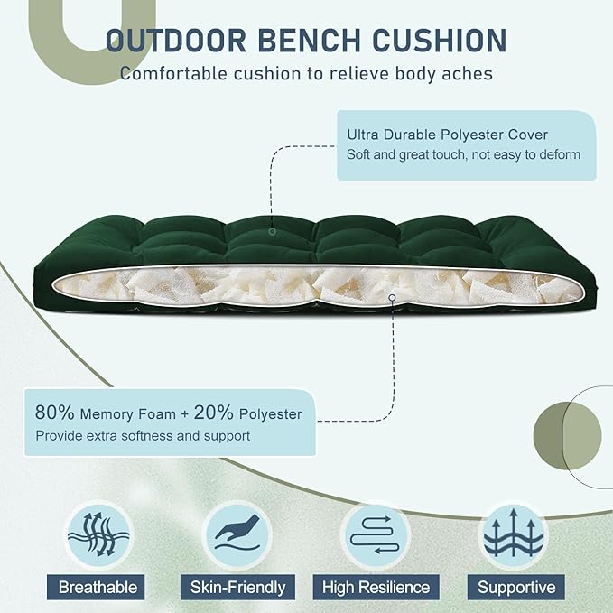 downluxe Outdoor Bench Cushion for Patio Furniture, Water Resistant Tufted Overstuffed Porch Swing Cushions, Thick Outdoor Loveseat Cushions, 44" X 19" X 5", Forest Green, Set of 1