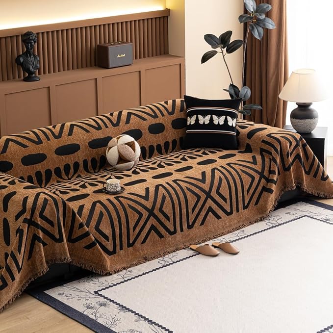 ROOMLIFE Brown Couch Cover 3 Cushion Sofa, Washable Non Slip Furniture Sofa Protector Cover, Soft Chenille Sofa Slipcovers Sectional L Shape Dogs Couch Cover Throw Blanket with Tassels 71''X134''