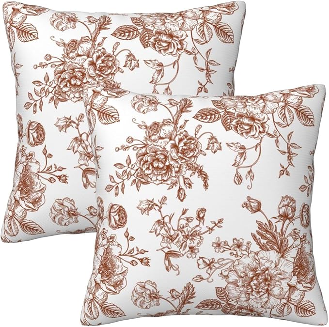 Chinoiserie Brown and White Pillow Covers 18x18 Set of 2, Vintage Rustic Flower Floral Throw Pillow Covers Outdoor Decorative Pillow Case for Couch Bed Sofa Cushion Home Decor