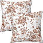 Chinoiserie Brown and White Pillow Covers 18x18 Set of 2, Vintage Rustic Flower Floral Throw Pillow Covers Outdoor Decorative Pillow Case for Couch Bed Sofa Cushion Home Decor