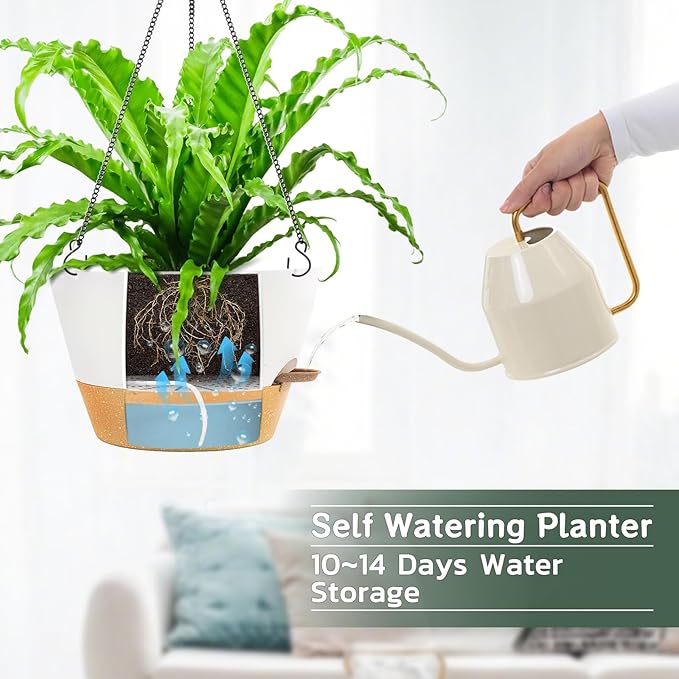 ZMTECH 2 Pack 12 Inch Hanging Planters for Indoor Plants, Large White Self Watering Hanging Planter with Visible Water Level Window & Removable Tray, Modern Flower Pots for Outdoor Patio