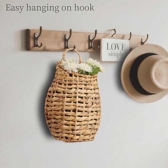 YRMT Water Hyacinth Woven Hanging Basket Wall Hanging Basket Decorative Front Door Basket Decor for Flower Plants Boho 15" x 10"