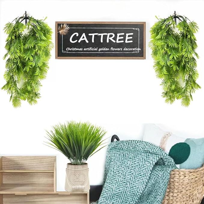 CATTREE Artificial Hanging Plants Fake Boston Vines Ferns Ivy Plant, Faux Vine Greenery Leaves Rattan for Outdoor UV Resistant for Wall Indoor Hanging Baskets Wedding Party DIY Garland Décor - 4 Pack